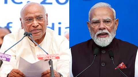 (L-R) LoP in the Rajya Sabha Mallikarjun Kharge and Prime Minister Narendra Modi.