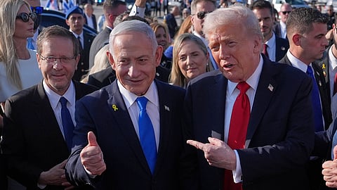 President Donald Trump poses for a photo with Israel's Prime Minister Benjamin Netanyahu 