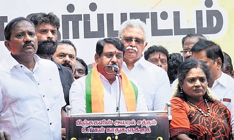 TN BJP president Nainar Nagenthran at the protest site on Thursday 
