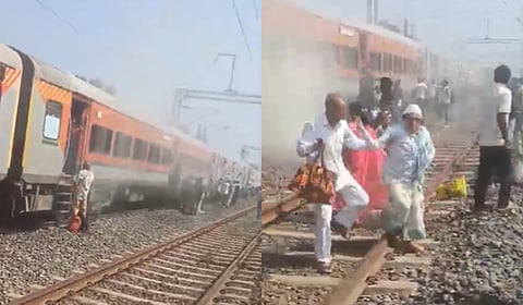 Smoke erupts from the Ranthambore Express coach wheels due to a brake jam.