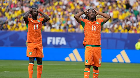 Ivory Coast's Elye Wahi, right, and teammate Nicolas Pepe react after missing a chance to score against Ecuador during a World Cup Group E soccer match in Philadelphia, Sunday, June 14, 2026.