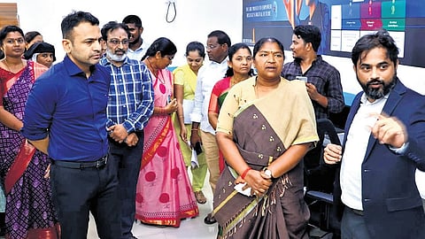 Panchayat Raj Minister Danasari Anasuya (Seethakka) during the inauguration of SRIA Infotech Private Limited in Mulugu district headquarters on Wednesday.
