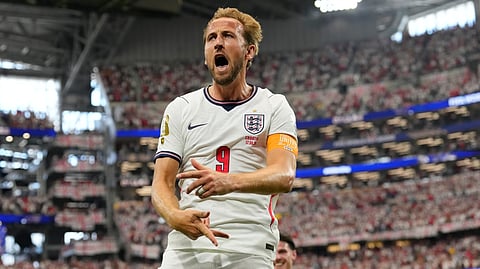 England's Harry Kane celebrates after scoring a goal during the World Cup Group L soccer match between England and Croatia in Arlington, Texas, near Dallas, Wednesday, June 17, 2026. 