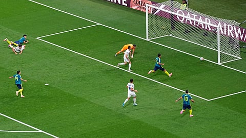 Colombia's Luis Diaz (7), left, scores his side's second goal during the World Cup Group K soccer match between Uzbekistan and Colombia in Mexico City, Wednesday, June 17, 2026.