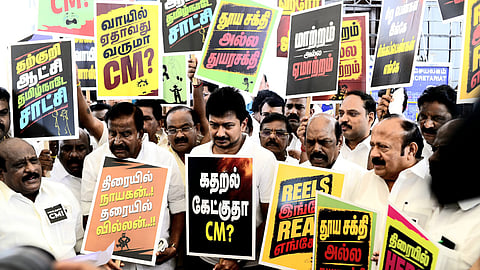 DMK MLAs, led by their floor leader Udayanidhi Stalin stage protest ahead of TN Assembly session.