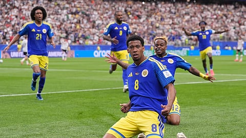 Curaçao's Livano Comenencia celebrates after scoring during the World Cup Group E soccer match between Germany and Curaçao in Houston, Sunday, June 14, 2026.