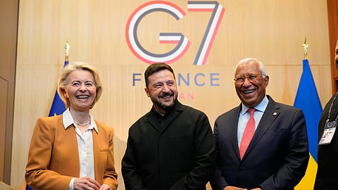 Ukrainian President Volodymyr Zelenskyy meets with European Commission President Ursula von der Leyen and European Council President Antonio Costa at the G7 summit in Evian-les-Bains, France, Tuesday, June 16, 2026.
