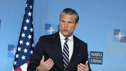 United States Defense Secretary  Pete Hegseth speaks during a press statement on arrival for a meeting of NATO defense ministers at NATO headquarters in Brussels, Thursday, June 18, 2026.