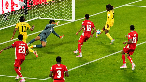 Ghana's Caleb Yirenkyi (3) scores the opening goal on Panama goalkeeper Orlando Mosquera (22) during the World Cup Group L soccer match between Ghana and Panama on June 17, 2026. 