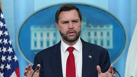 Vice President JD Vance speaks to reporters in the James Brady Press Briefing Room at the White House, Thursday, June 18, 2026, in Washington.