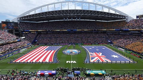 The United States and Australia flags are displayed before the World Cup Group D football match between the United States and Australia in Seattle, Friday, June 19, 2026.