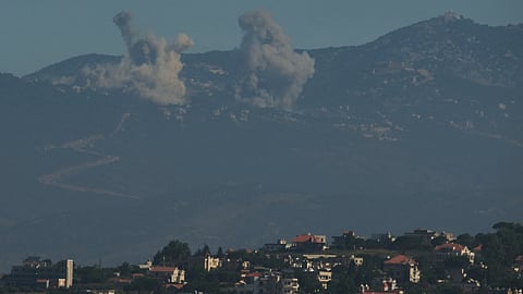 Smoke rises to the sky in an area near Beaufort Castle following an Israeli military strike in southern Lebanon as seen from northern Israel, Friday, June 19, 2026.