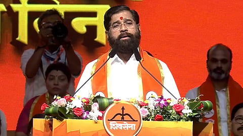 Maharashtra Deputy Chief Minister Eknath Shinde speaking at Shiv Sena's foundation day in Goregaon in Mumbai.