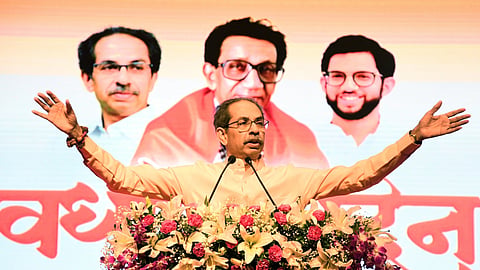 In this photo from June 19, 2025, Shiv Sena (UBT) chief Uddhav Thackeray addresses the supporters during Shiv Sena foundation day celebrations in Mumbai.