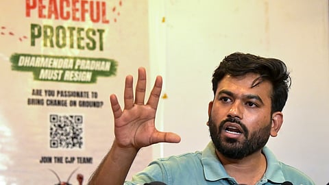 Cockroach Janta Party (CJP) founder Abhijeet Dipke addresses a press conference, in Nagpur, Maharashtra, Tuesday, June 16, 2026. 