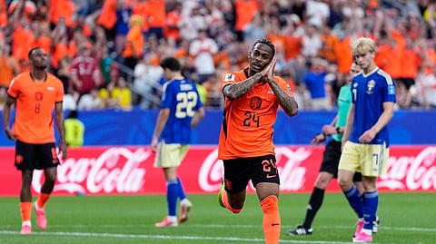 Netherlands' Crysencio Summerville celebrates after scoring his side's fifth goal during the World Cup Group F football match between the Netherlands and Sweden in Houston, Saturday, June 20, 2026.