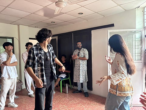 During a rehearsal of 'The Night They Chose'