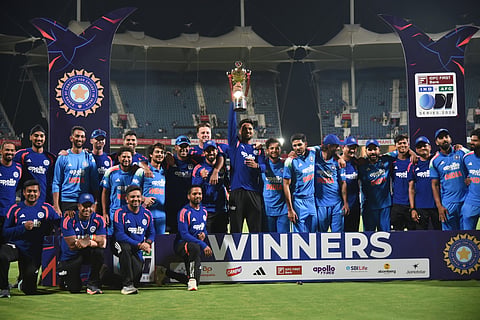 The Indian team with the Series trophy after the match on Saturday