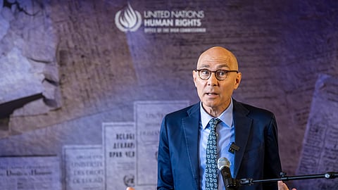 UN High Commissioner for Human Rights Volker Turk speaks to the media, at the Office of the United Nations High Commissioner for Human Rights (OHCHR) Palais Wilson, in Geneva, Switzerland, Wednesday, June 10, 2026. 