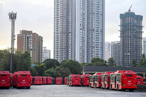  Buses parked at a depot as the employees of the Brihanmumbai Electric Supply and Transport (BEST) undertake an indefinite strike requiring various demands, in Mumbai, Maharashtra, Friday, June 19,