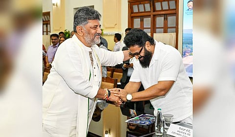 CM DK Shivakumar greets actor Rishabh Shetty at a meeting on coastal tourism development in Vidhana Soudha on Friday.