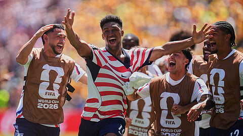 United States' Alex Freeman (16), second left, celebrates after scoring his side's second goal during the World Cup Group D soccer match between the United States and Australia in Seattle, Friday, June 19, 2026.