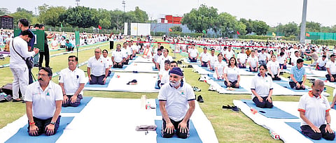 L-G Sandhu, Delhi BJP president Harsh Malhotra at Yamuna Sports Complex | express