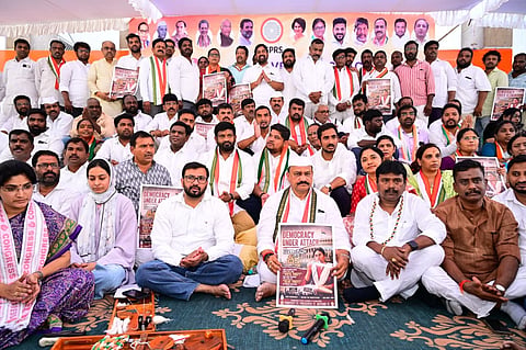  TPCC President and MLC Mahesh kumar goud during the Satyagraha protest was held at Gandhi Bhavan under the aegis of the Rajiv Gandhi Panchayat Raj Sangathan to protest the Election Commissions rejection of the Rajya Sabha nomination of Telangana Congress in-charge Meenakshi Natarajan.