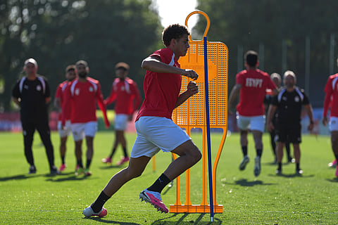 Egypt's Hamza Abdelkarim, center, works out during a training session Saturday, June 20, 2026, on the eve of the team's World Cup Group G soccer match against New Zealand in Vancouver, British Columbia. 