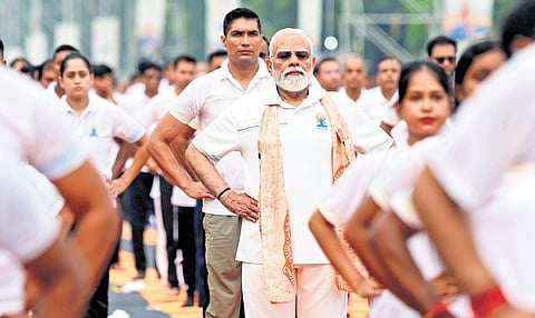 Prime Minister Narendra Modi during the Yoga Day in Kolkata on Sunday. 