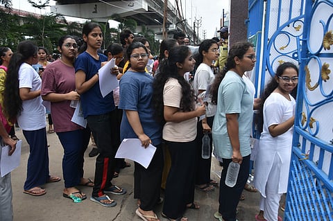 Students appearing for NEET exam at an examination centre in Bengaluru.