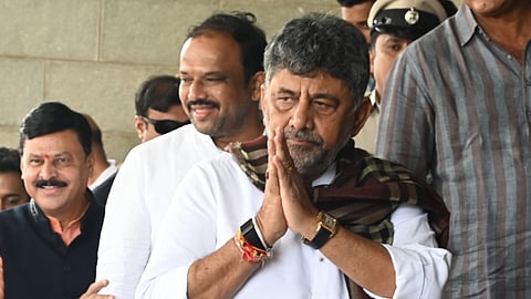 Chief Minister DK Shivakumar reaches Vidhana Soudha to attend the cabinet meeting on Saturday.