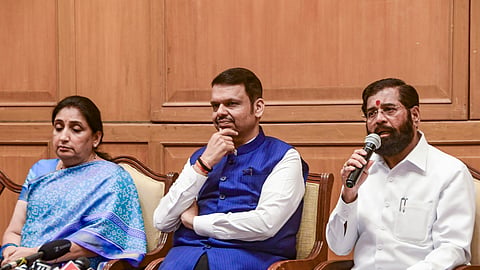 Maharashtra Chief Minister Devendra Fadnavis, Deputy Chief Ministers Eknath Shinde and Sunetra Pawar address the media ahead of the Monsoon Session of the state legislature, in Mumbai, Maharashtra, Sunday, June 21, 2026.