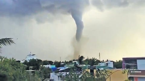 Screengrab of a viral video featuring the tornado-like phenomenon on Sunday; (inset) damaged structures the vortex left behind at the toll plaza on the NH.