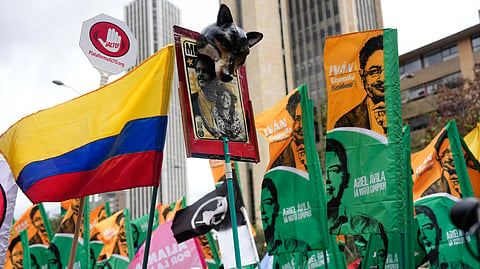 Supporters of Historic Pact coalition presidential candidate Ivan Cepeda attend his campaign rally in Bogota, Colombia, Saturday, June 13, 2026. 
