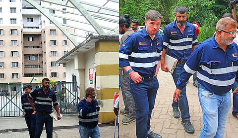 Officials of Edifice Engineering and Jet Demolition arriving to inspect Chander Kunj Twin Towers on Silver Sand Island in Vyttila on Sunday.