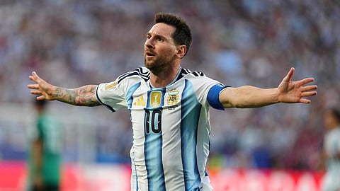 Lionel Messi celebrates after scoring the opening goal against Austria in the FIFA World Cup 2026. 