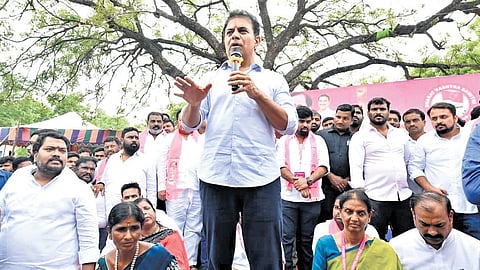 BRS working president KT Rama Rao participates in the party’s ‘Basti Bata’ programme at Hanuman Nagar in the Rajendranagar constituency on Sunday.