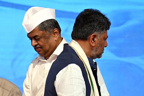 New KPCC chief BK Hariprasad and CM DK Shivakumar at Palace Grounds in Bengaluru on Sunday 