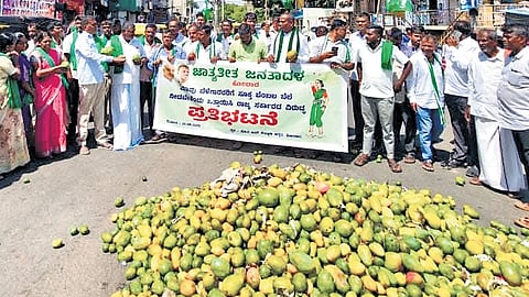 Mango growers dump their harvest on the street in protest against the crashing price of mangoes in Kolar on Monday.