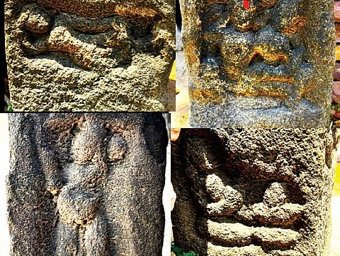 A stone pillar at Bhimsari in Adilabad depicts (clockwise) Buddha in Mahaparinirvana, Uma-Alingana Murti showing Shiva embracing Parvati, Vishnu in his reclining Sayana posture, and a royal warrior holding a sword