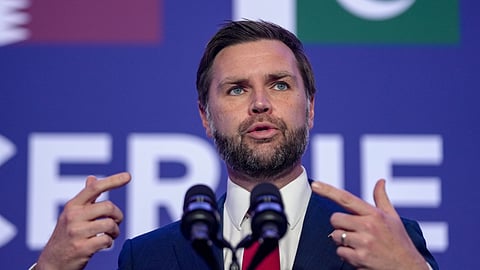 Vice President JD Vance speaks to members of the media after the U.S. and Iran held high-level talks at the Bürgenstock Resort in Obbuergen, near Lucerne, in Switzerland, Monday, June 22, 2026. 