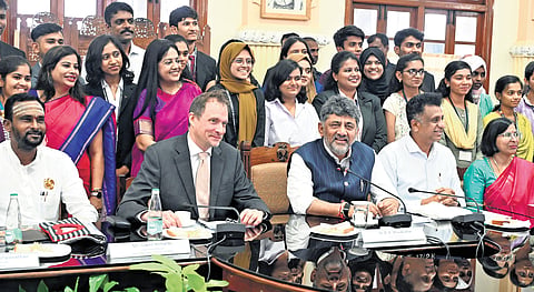 Chief Minister DK Shivakumar at the launch of Scholars for Outstanding Undergraduate Talent 2.0 at Vidhana Soudha in Bengaluru on Monday.