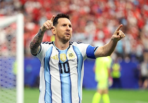 Argentina's Lionel Messi celebrates after scoring his team's first goal during the FIFA World Cup 2026 Group J match against Austria at Dallas Stadium in Arlington, Texas on Monday