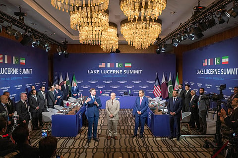 From left, US Vice-President JD Vance, Prime Minister of Islamic Republic of Pakistan, Shehbaz Sharif and Premier minister of Qatar Mohammed bin Abdulrahman bin Jassim Al Thani, at the Buergenstock resort resort in Obbuergen, near Lucerne, Switzerland, Sunday, June 21, 2026.