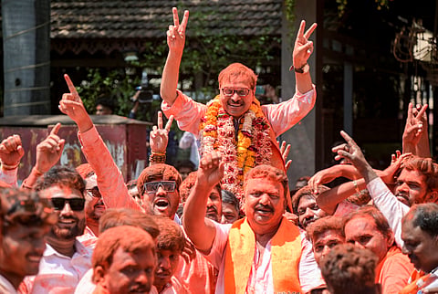 BJP candidate Rajiv Potdar with supporters celebrates after winning in the Maharashtra Legislative Council by-election from Nagpur Local Authorities Constituency, Monday, June 22, 2026. 