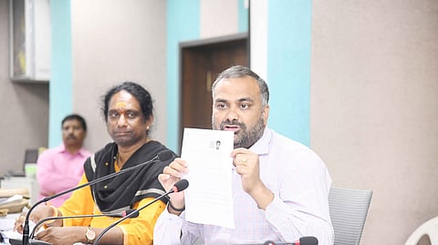 Commissioner of the Greater Hyderabad Municipal Corporation R V Karnan addressing media during a press conference on SIR at GHMC Office in Hyderabad