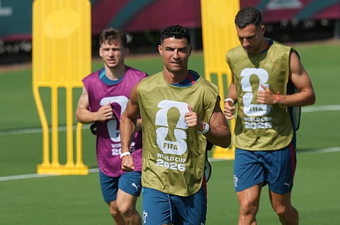 Portugal's Cristiano Ronaldo and the men's national soccer team participate in a World Cup training session Monday, June 22, 2026, in Palm Beach Gardens, Fla.