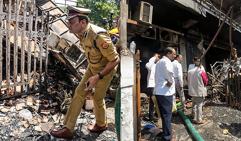 SIT member Praveen Kumar IPS conducts an inspection at the site after a fire engulfed a three-story commercial building (L) and a team of Uttar Pradesh Forensic Science Laboratory at the site.