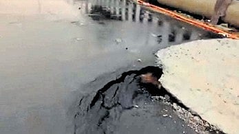 The damaged patch on the BDA road near Kadabagere on Monday.